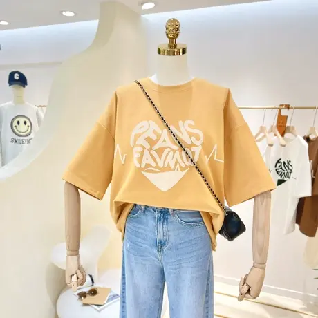 春秋百搭植绒爱心印花宽松大码加厚磨毛棉短袖打底衫T恤女内搭潮商品大图