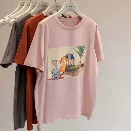 直呼好穿~美式复古油画印花圆领短袖T恤女小众独特正肩百搭上衣潮商品大图