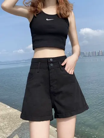 清仓捡漏黑色牛仔短裤女高腰显瘦宽松港味2023年夏季网红a字卷边商品大图