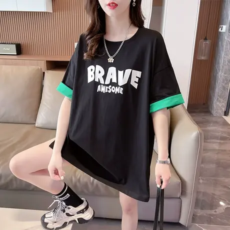 小众设计感短袖t恤女夏季韩版宽松大码女装中长款撞色假两件上衣图片