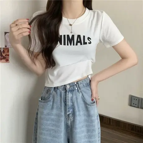 短款短袖t恤女夏季2022新款修身纯棉半袖ins潮打底衫chic港味上衣商品大图