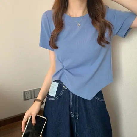 2023年春夏季新款女装别致上衣潮设计感小众短款薄款白色短袖t恤图片