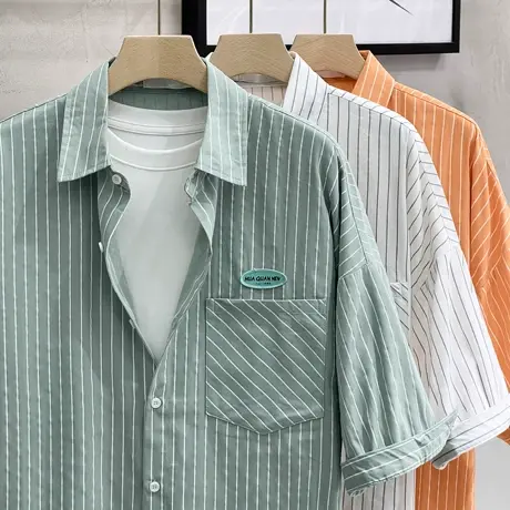 五分短袖夏季轻奢休闲条纹衬衫潮男简约百搭翻领寸衣中袖刺绣衬衣商品大图