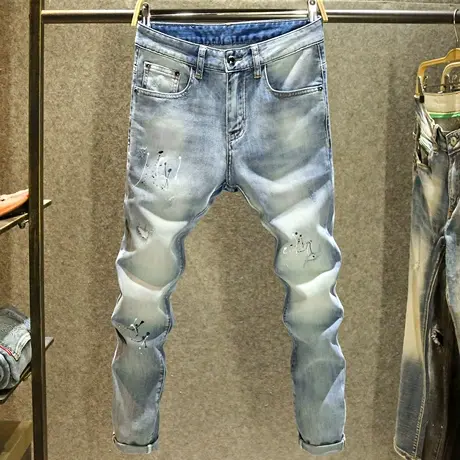 破洞牛仔裤男款浅蓝色潮牌百搭修身小脚裤高端潮流泼墨磨白长裤子商品大图