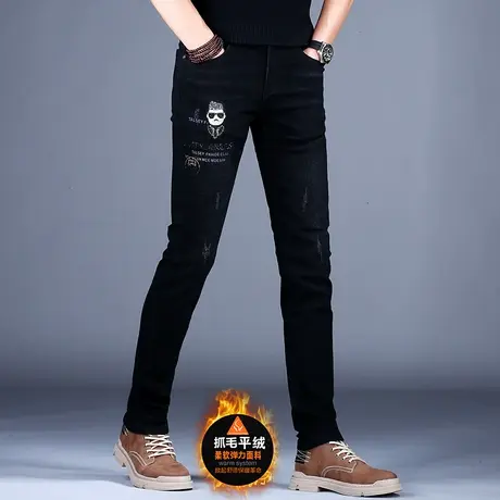 百搭轻奢刺绣烫钻牛仔裤男款修身小脚2023新款灰黑色裤子潮牌百搭图片