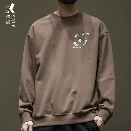 趣味卡通刺绣毛圈卫衣男咖色400g重磅春秋款宽松大码内搭打底衫潮商品大图