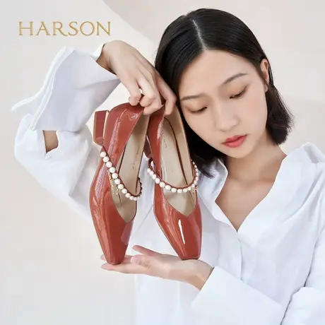 哈森春秋新款珍珠女单鞋红色婚鞋小皮鞋法式玛丽珍鞋HS228102商品大图