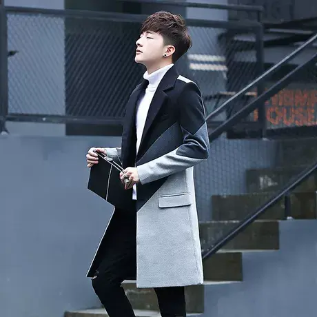 风衣男中长款潮牌毛呢大衣男士韩版帅气修身过膝呢子青年外套秋冬图片