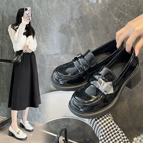 厚底乐福鞋女四季单鞋英伦风百搭2023新款小皮鞋黑色高跟jk一脚蹬图片