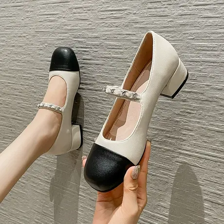 一字扣带方头拼接高跟鞋女粗跟2023年春季新款仙女风百搭浅口单鞋商品大图