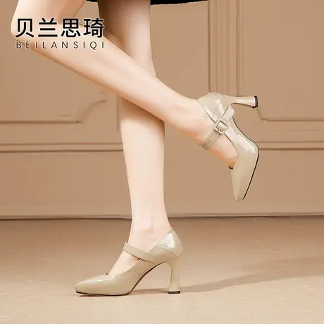 真皮一字带浅口粗跟单鞋女2023春秋漆皮舒适百搭通勤防水台高跟鞋图片