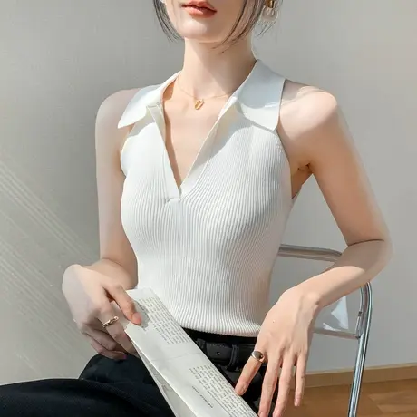 翻领无袖上衣女2025高级感小众修身T恤甜辣挂脖polo领针织背心商品大图