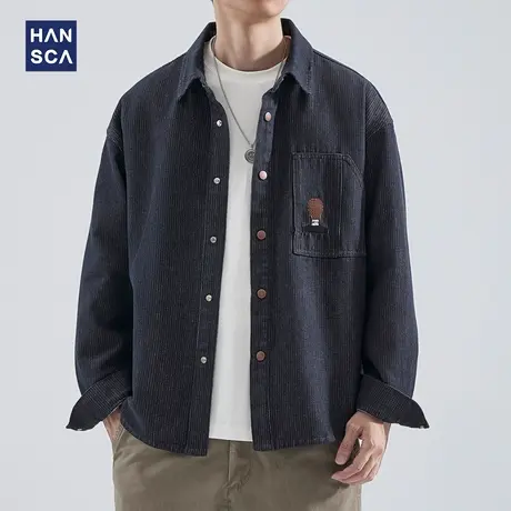 hansca牛仔衬衫男春秋款美式重磅复古潮牌痞帅青少年工装衬衣外套图片