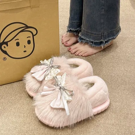 毛茸茸棉拖鞋女冬季可爱蝴蝶结加绒保暖室内居家防滑厚底包跟棉鞋商品大图