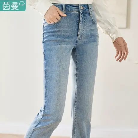 茵曼旗舰店2023女春新款牛仔蓝复古修身中高腰弹力喇叭裤牛仔长裤图片