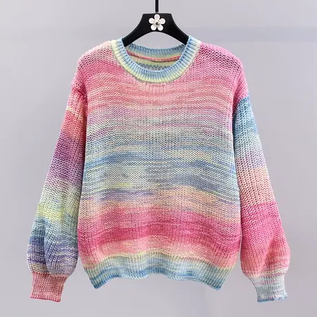 彩虹条纹镂空毛衣女早秋2023新款宽松设计感长袖短款针织衫上衣图片