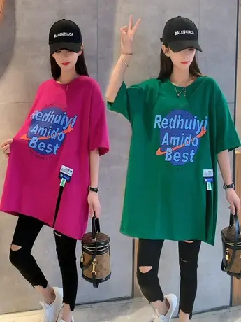 2023新款夏季大码地球字母印花开叉圆领时尚宽松显瘦女装短袖T恤商品大图