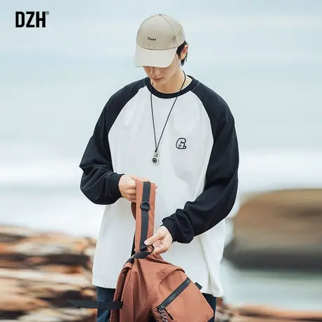 男士圆领拼接t恤男长袖纯棉秋季潮牌卫衣宽松男款体恤衫上衣宽松商品大图