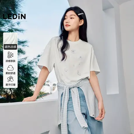 【凉感】乐町蓝色蝴蝶结贝壳印花短袖女夏季新款甜美珍珠T恤上衣图片