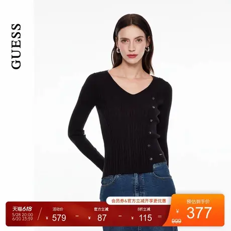 【秀智明星同款】GUESS新款女士简约纹理感不规则v领毛针织衫商品大图