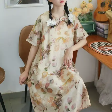 胖妹妹2025大码夏季改良新中式油画优雅旗袍连衣裙商品大图