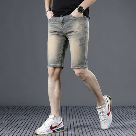 复古黄尼色牛仔短裤男五分裤夏季薄款2025新款修身休闲男士中裤商品大图