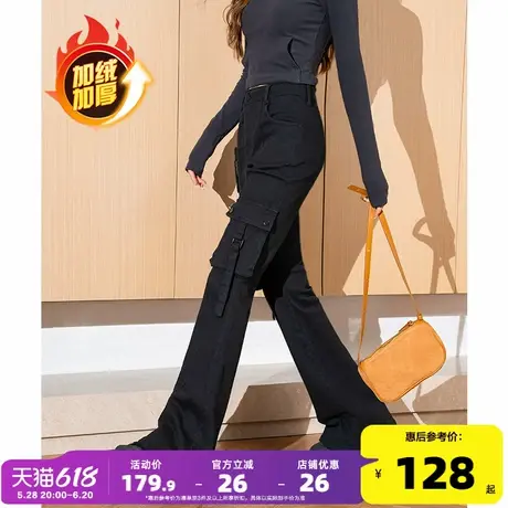唐狮2025年秋冬季新款女休闲长裤加绒紧身喇叭裤设计感黑色工装裤图片