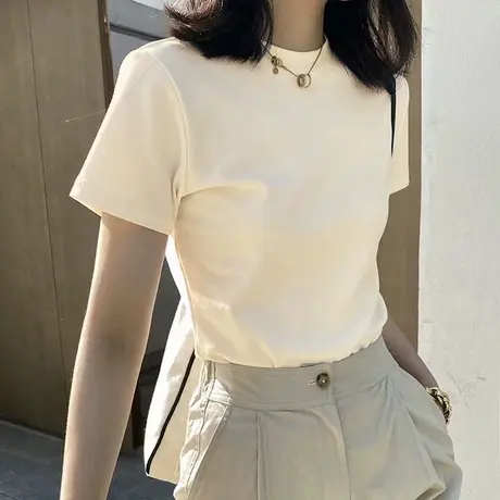 KMV真维斯杏色短袖女t恤2025新款夏季修身小个子薄款正肩紧身体恤商品大图