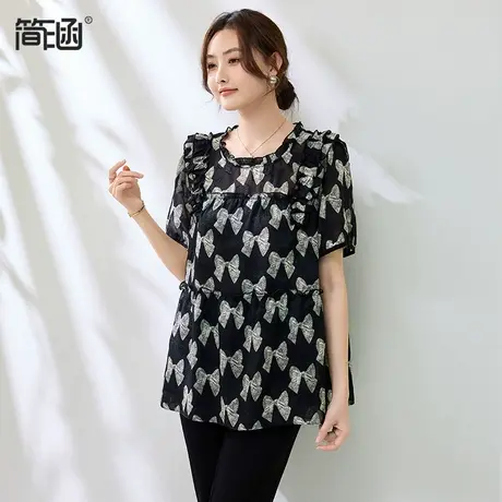 设计感短袖印花雪纺衫女简涵夏季新款宽松显瘦正肩减龄洋气上衣商品大图