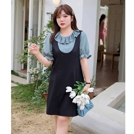 假两件收腰A字裙茶歇2023年夏装新款荷叶领显瘦胖妹妹大码连衣裙图片