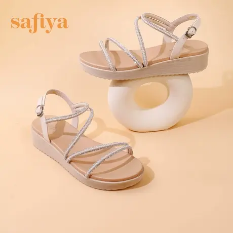 Safiya索菲娅厚底坡跟凉鞋女外穿夏季新款珍珠水钻一字带休闲凉鞋图片