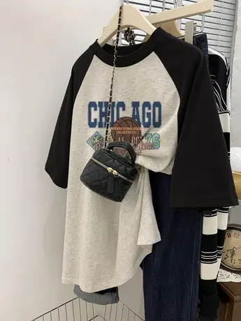 夏日多巴胺穿搭上衣女2023新款韩版插肩袖正肩T恤ins潮牌大码短袖商品大图