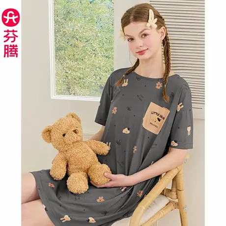 芬腾睡裙女夏季2025新款甜美少女风卡通休闲短袖睡衣裙中裙家居服商品大图