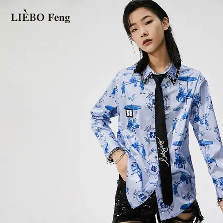 裂帛LIEBOFeng2023年新商场同款国潮设计感印花亮面长袖衬衫图片