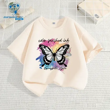 JU真维斯童装2025夏季新款女童可爱蝴蝶印花纯棉圆领短袖T恤上衣商品大图