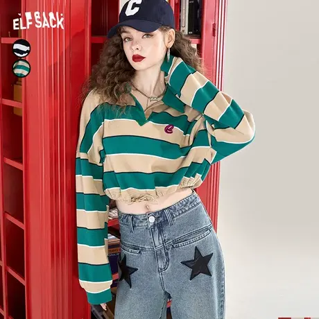 妖精的口袋短款polo领条纹卫衣女2023春秋新款套头小个子无帽休闲商品大图