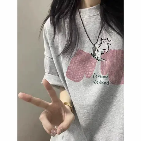 纯棉小众灰色短袖t恤女2025夏季新款爆款oversize宽松半袖ins上衣商品大图