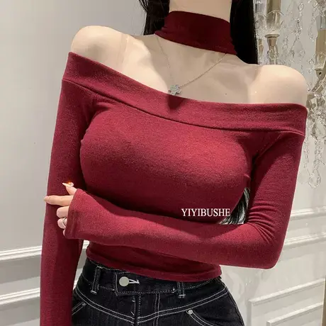 OnoevMU318前后两穿~性感女人味挂脖露锁骨紧身长袖T恤ue商品大图