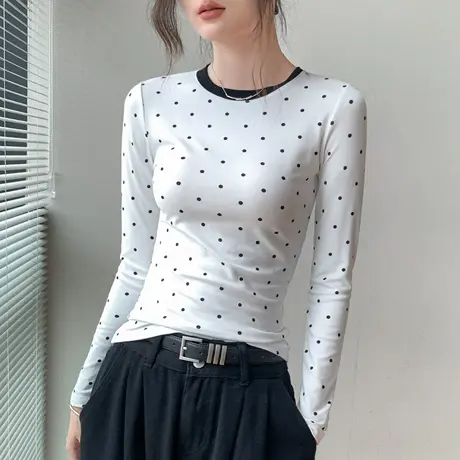 波点撞色圆领长袖T恤女2025秋季新款修身显瘦内搭打底衫正肩上衣商品大图