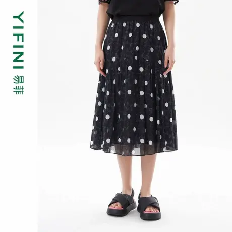 [专柜同款]Yifini/易菲宽松波点印花纯棉中长款A字裙伞裙半身裙女图片