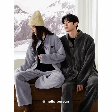 贝妍珊瑚绒情侣睡衣女款冬季开衫保暖家居服男士加厚加绒大码套装商品大图