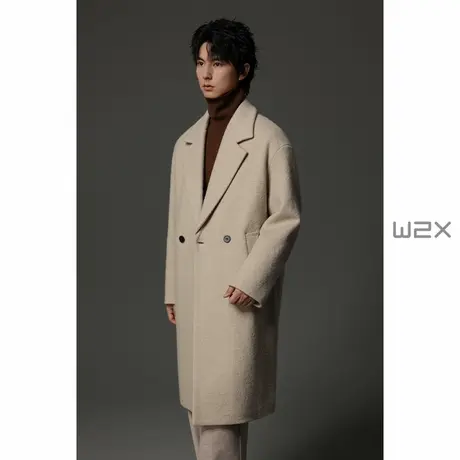 w2x羊驼毛冬季加厚平驳领双排扣呢子大衣中长款宽松落肩休闲外套图片