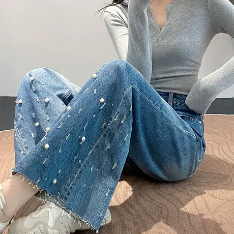 垂感阔腿喇叭裤女秋季牛仔裤2025新款珍珠时尚高腰休闲直筒长裤子图片