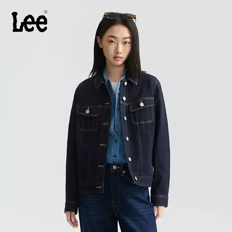 Lee25秋冬新品标准版翻领不易褪色深蓝色磨毛女牛仔夹克外套保暖商品大图