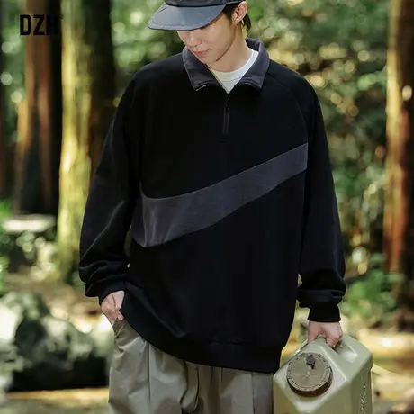 男士美式重磅卫衣男春秋款半拉链拼接设计感上衣宽松长袖秋衣外套商品大图