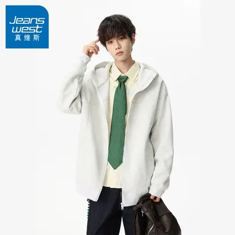 N5真维斯男士开衫卫衣2025新款秋季美式宽松纯色男生春秋连帽外套图片