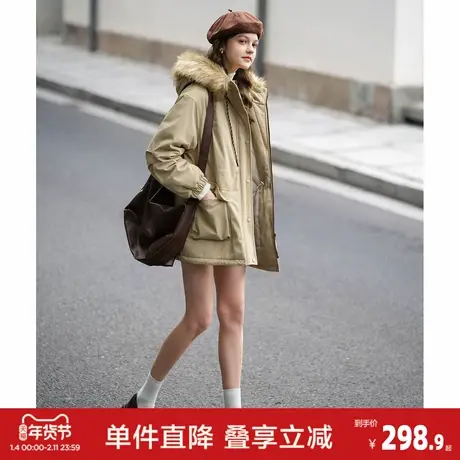 唐狮2026冬季女连帽中长款棉服卡其潮流时尚气质风衣学院风休闲商品大图