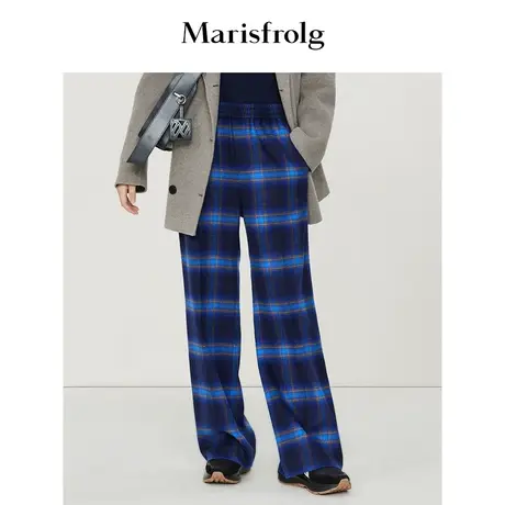 【纯羊毛休闲裤】玛丝菲尔阔腿裤春装新款蓝色格子直筒裤女裤商品大图