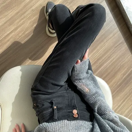 黑灰高腰直筒牛仔裤女2023年春秋新款小个子修身显瘦法棍裤烟管裤商品大图