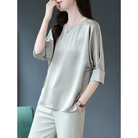 宝诗黎圆领五分蝙蝠袖纯色上衣小衫2023年夏季新款宽松休闲雪纺衫商品大图